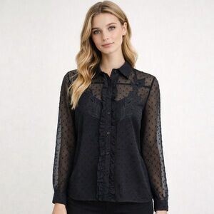 2/$30 ZARA Embroidered Ruffle Button-Down Sheer Blouse XS Floral Black #6267